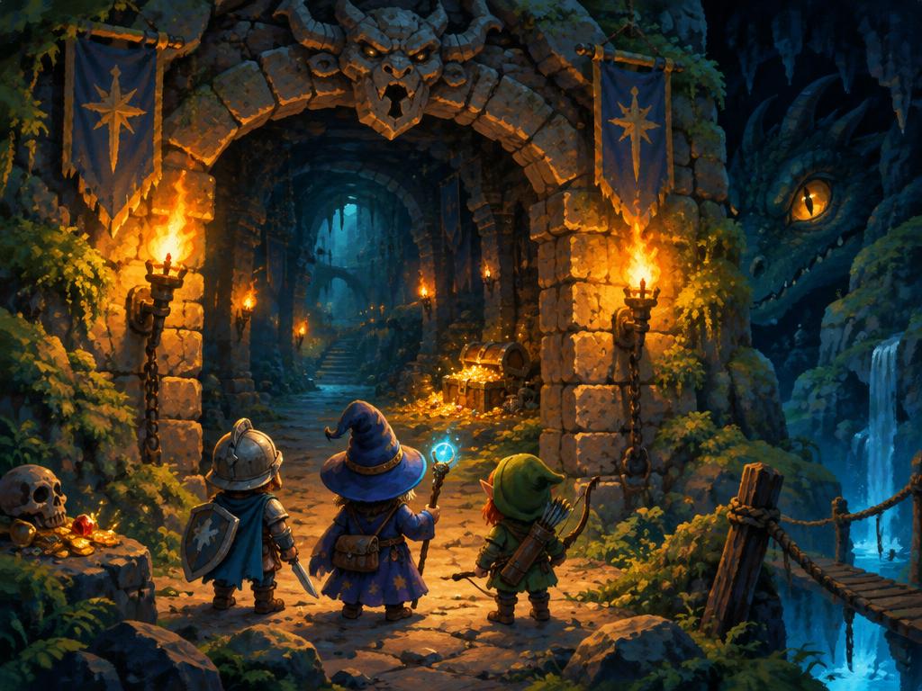 Three tiny storybook adventurers — a knight, a wizard and an archer — at a torchlit dungeon gate while a dragon's eye watches.