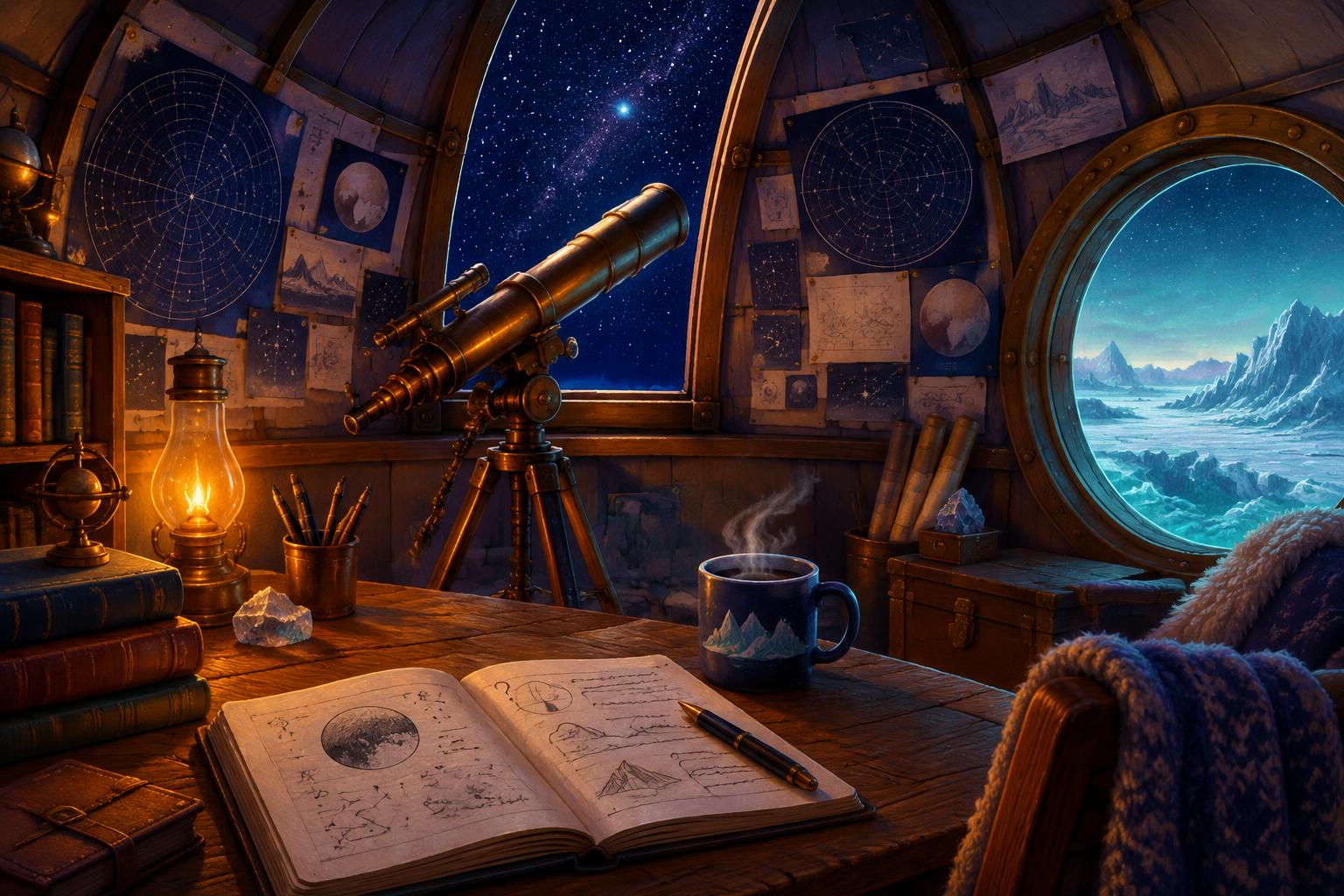 Inside the cozy observatory: a brass telescope aimed through the open dome, star charts on curved walls, a glowing lantern, a steaming mug and an open notebook of sketches.